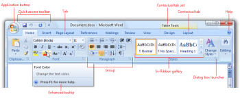Office 2010 Ribbon showing menu options and icons