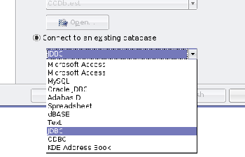 Open Office Base connect to database window