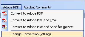 Adobe PDF writer menu in Word 