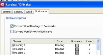 Acrobat PDF Maker, convert Word Headings to bookmarks option selected 