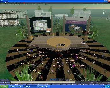 Eduserv conference on second life, avatars attend a real life conference withouth having to leave their offices