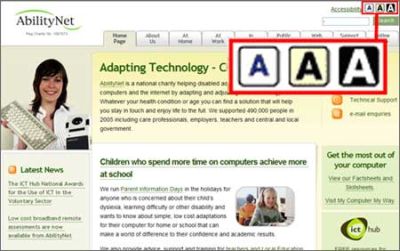 Screenshot, AbilityNet website showing interface buttons