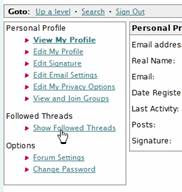 Screen shot showing ControlCentre menu and Show Followed Threads link