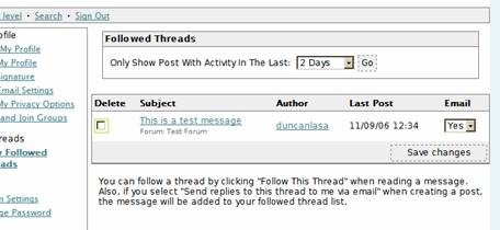 Screen shot showing Followed Threads form