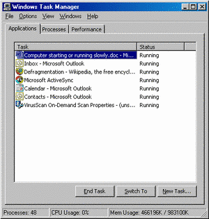 Windows Task Manager - applications tab showing running applications