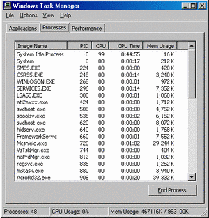 Windows Task Manager - Processes Tab showing running processes