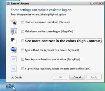 Accessibility features of Windows Vista login screen
