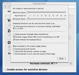 Mac OS 10.4 Universal Access, Seeing Tab, Zoom options